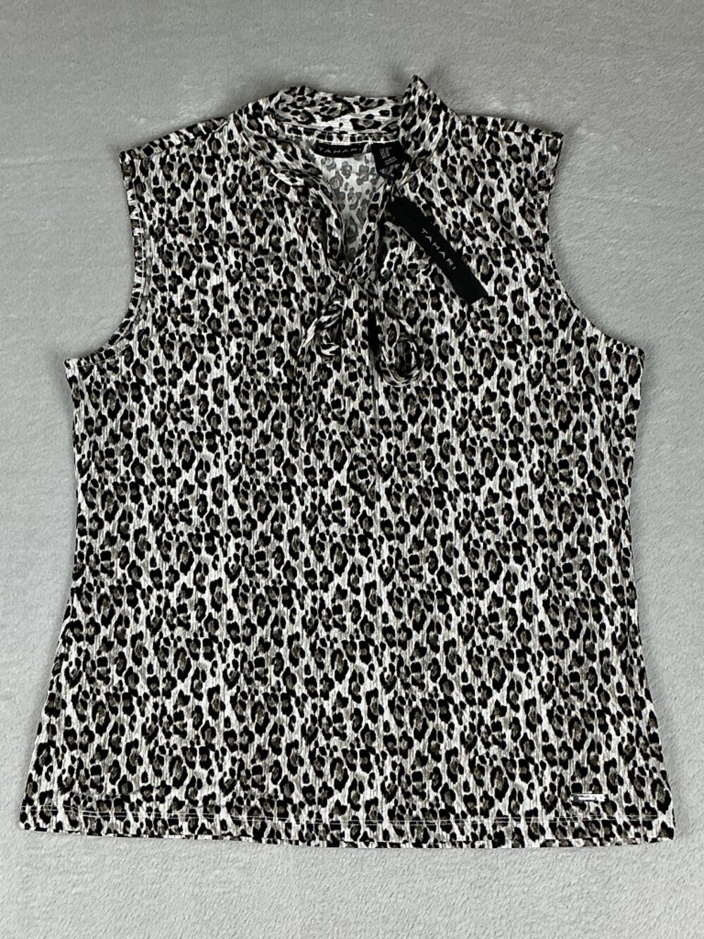Tahari Women's Blouse Top Sleeveless Leopard Print Bow Neck Shell Size M,NWT